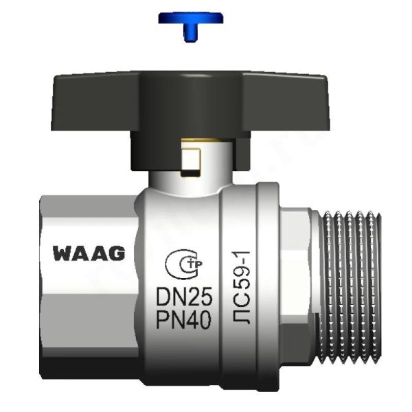 Кран шаровой резьб. 1", PN40, WAAG, латунь, вн.р.- нар.р., с бабочкой