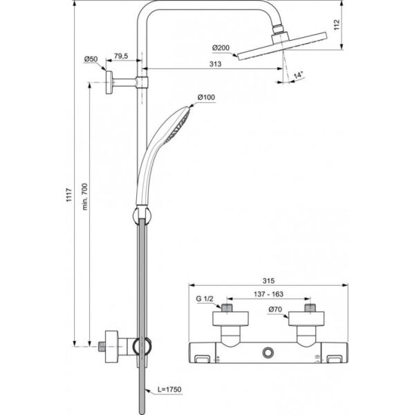 Душевая колонна Ideal Standard Ceratherm T25 200 мм