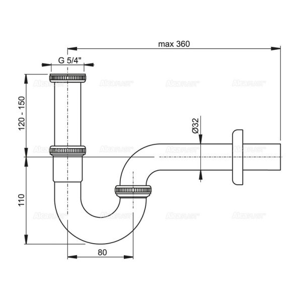 Сифон для раковины Alcadrain Ø32, U-форма, цельнометаллический, с накидной гайкой 5/4" (A4320)