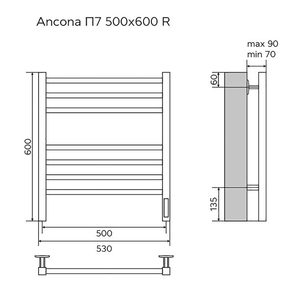 Полотенцесушитель электрический AZARIO ANCONA 500/600 квадрат, 7 секций, диммер справа, черный AZ71