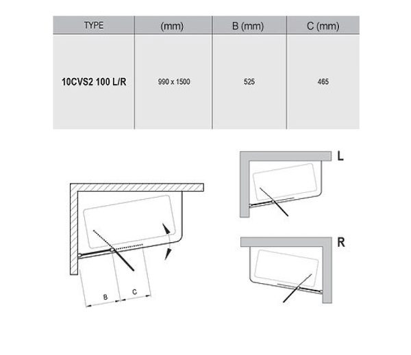 Шторка на ванну Ravak 10° CVS2-100 100х150 L профиль Сатин стекло Transparent (7QLA0U03Z1)