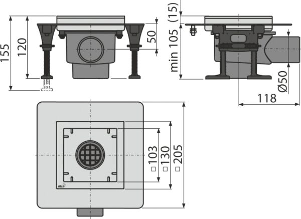 Душевой трап Alcadrain 130×130 из нержавеющей стали, без pешетки (APV130)