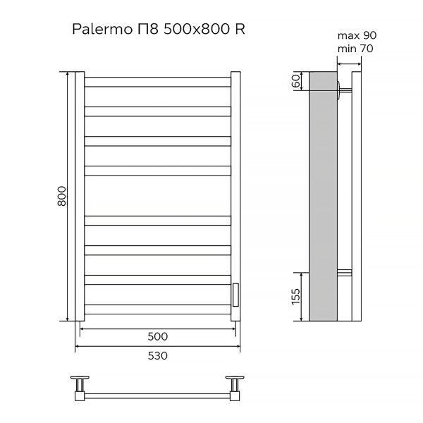 Полотенцесушитель электрический AZARIO PALERMO 500/800 квадрат, 8 секций, диммер справа, белый AZ83