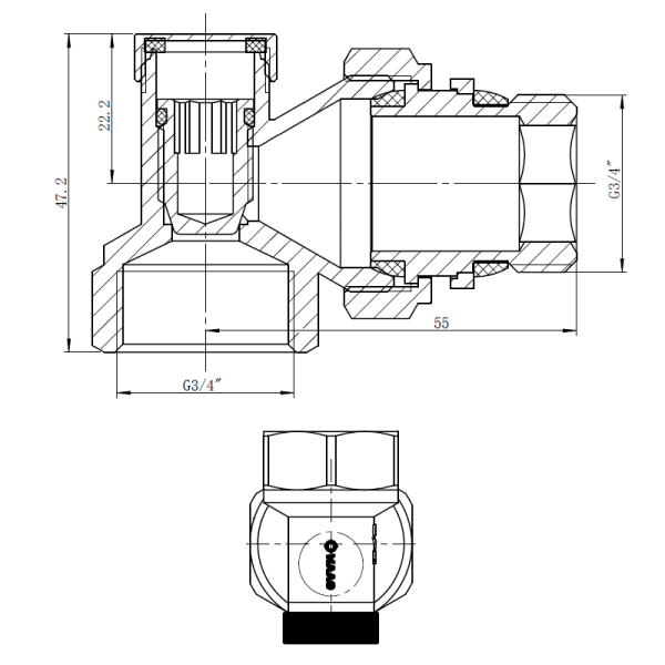 Клапан запорный 3/4", PN10, WAAG, угловой