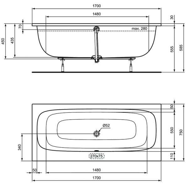 Промо-набор Ideal Standard 2 в 1: Ванна акриловая Duo 170х75см + Ножки в подарок!