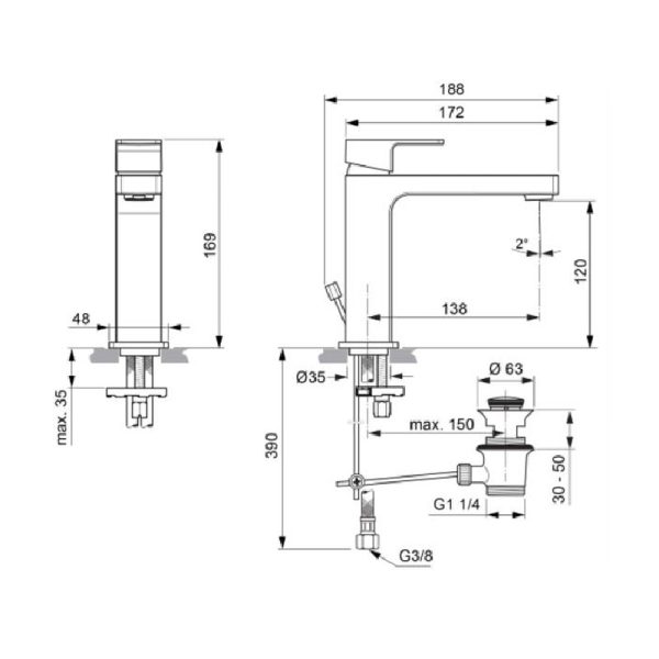 Смеситель Ideal Standard EDGE Grande для умывальника, керамический картридж 25мм