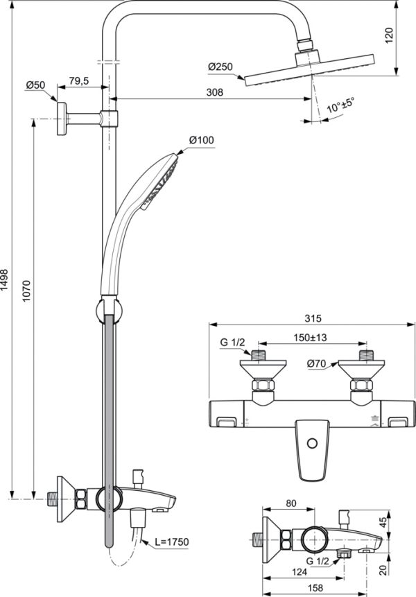 Душевая система Ideal Standard Ceratherm T25 термостатический картридж, хром (A7590AA)