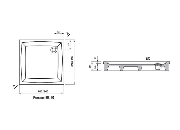 Душевой поддон Ravak Perseus-90 EX (900 x 900) самонесущий для облицовки