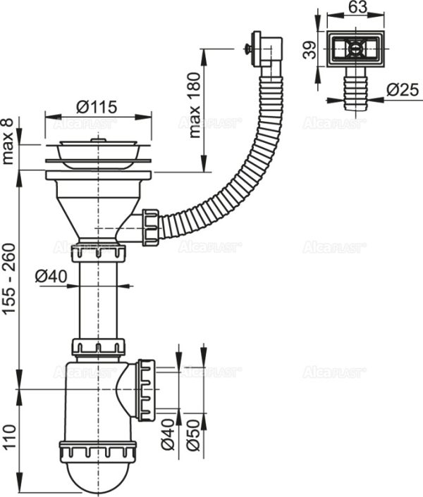 Сифон для мойки Alcadrain с нержавеющей решеткой (A447 -DN50/40)