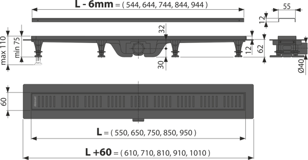 Душевой лоток Alcadrain Simple с черной матовой решеткой (APZ10BLACK-650M )