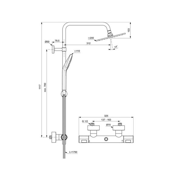 Душевая колонна Ideal Standard Ceratherm T100 с термостатическим смесителем, для душа (A7240AA)