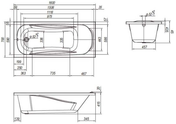 Ванна пристенная Loranto Арктика 1600х700, ABS пластик, белая (CS00031199)