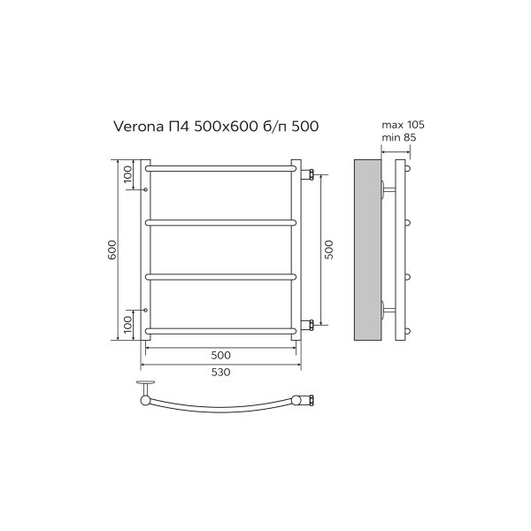 Полотенцесушитель водяной AZARIO VERONA 500/600 4 секции, боковое подключение, 1", хром