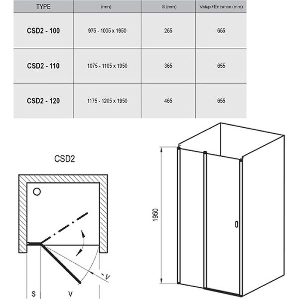 Душевая дверь Ravak Chrome CSD2-100 распашная, стекло Transparent, профиль Сатин (0QVACU00Z1)