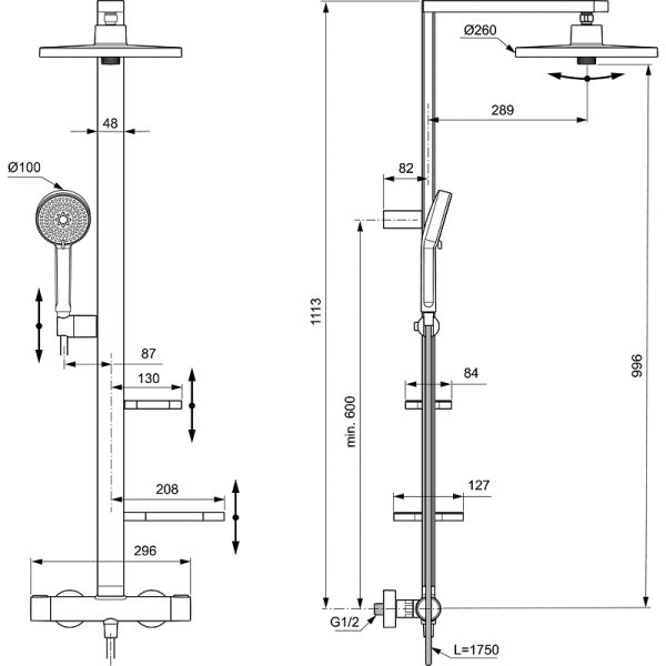 Душевая система Ideal Standard Alu+ термостатический картридж, хром (BD583SI)