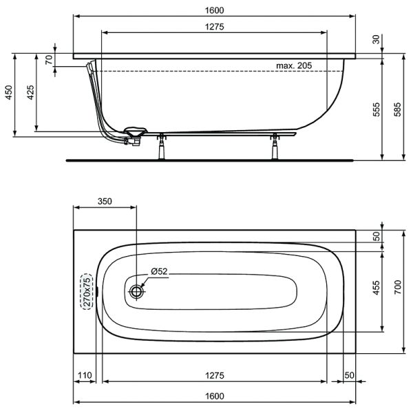 Промо-набор Ideal Standard 4 в 1: Ванна акриловая 160х70см, ножки, фронтальная панель, крепеж для фр