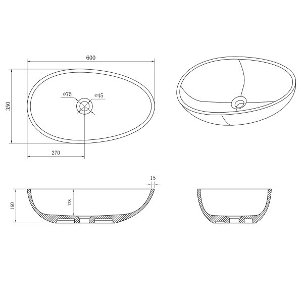 Раковина AZARIO 600x350x160 накладная из искусственного камня, белая матовая