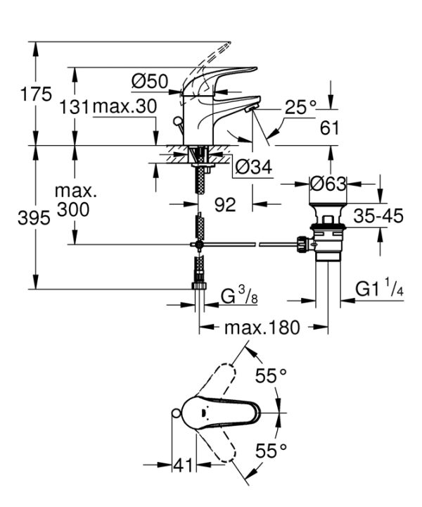 Смеситель для раковины GROHE Euroeco с донным клапаном, хром (23262000)