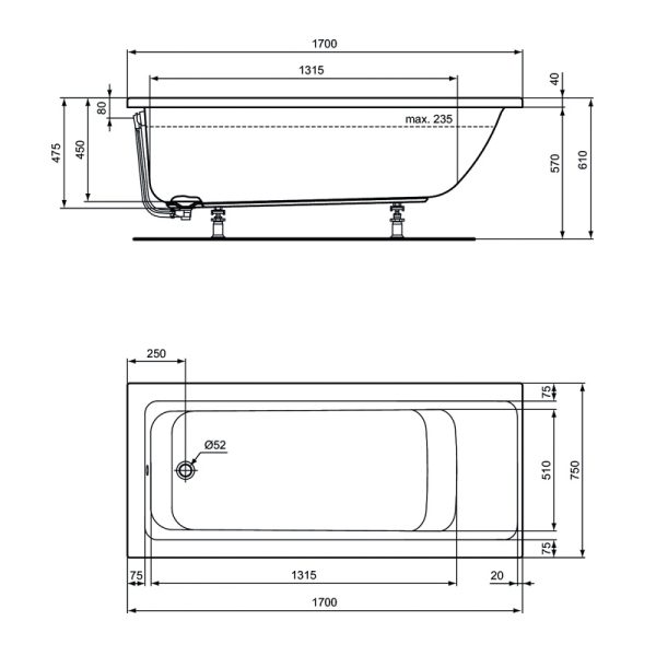 Ванна акриловая Ideal Standard CONNECT AIR 170х75, встраиваемая, без системы слива-перелива