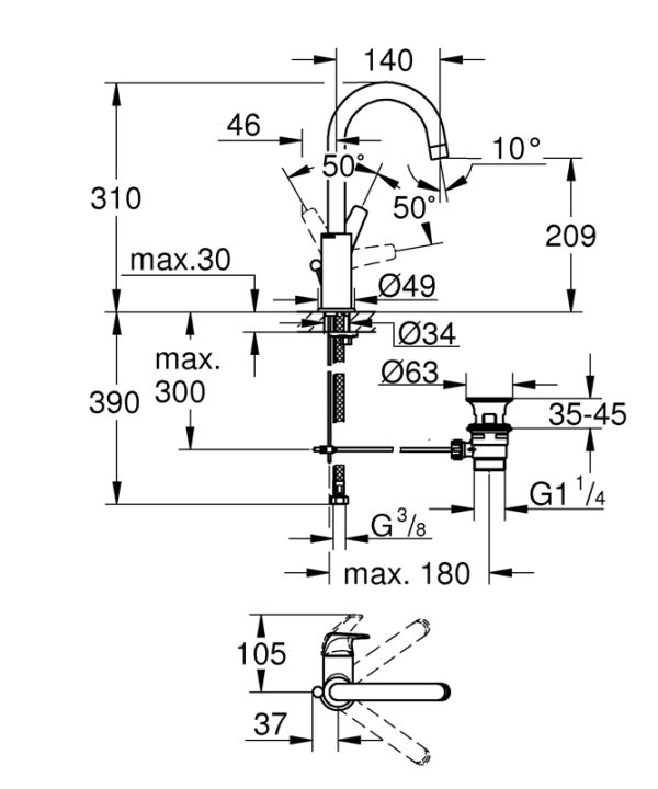 Смеситель для раковины GROHE BauFlow с донным клапаном, L-Size, хром (23753000)