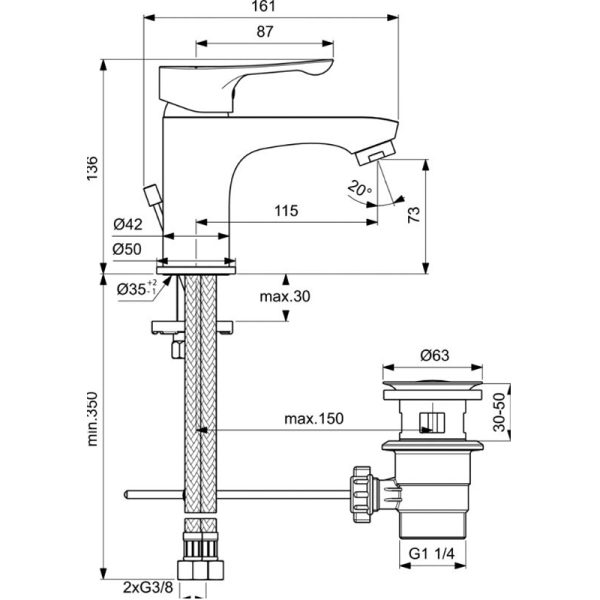 Смеситель для раковины Ideal Standard ALPHA с металлическим донным клапаном,хром (BC486AA)