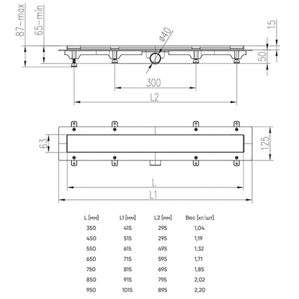 Душевой лоток AZARIO D40 Klasik 750 мм, боковой слив, пластиковый, с черной решеткой (AZ-CH 750 KC)