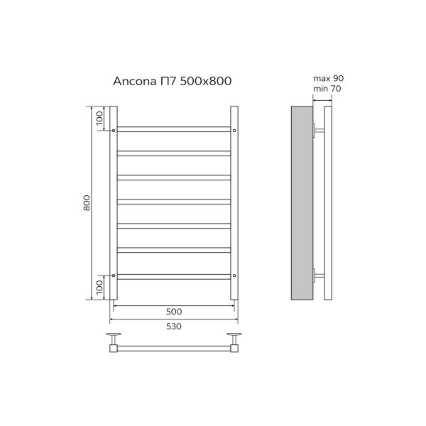 Полотенцесушитель водяной AZARIO ANCONA 500/800 квадрат, 7 секций, нижнее/диагональное подключение,