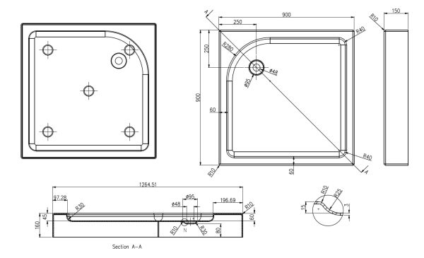 Душевой поддон Azario 900х900х150 L/R, для GREENWOOD 900/MONTREAL 1231 900. NAG 1221 900