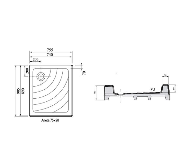 Душевой поддон Ravak ANETA 75x90 PU белый