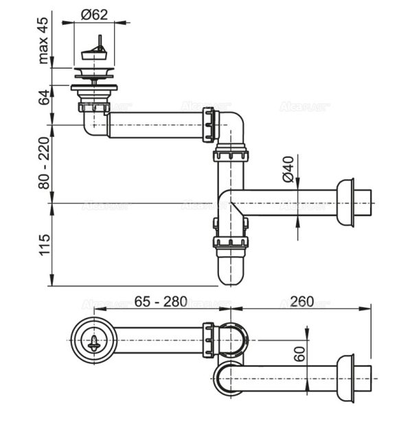 Сифон для раковины Alcadrain экономящий пространство 63 мм (A413)