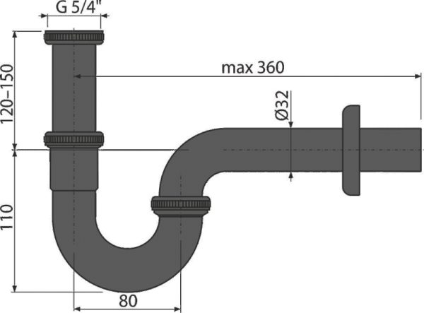 Сифон для раковины Alcadrain DN32, U-форма с накидной гайкой 5/4", черный матовый (A4320BLACK)