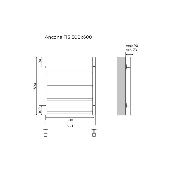 Полотенцесушитель водяной AZARIO ANCONA 500/600 квадрат, 5 секций, нижнее/диагональное подключение,