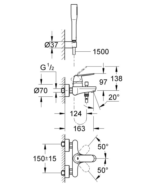 Смеситель для ванны с душевым гарнитуром Grohe Eurosmart Cosmopolitan Хром (32832000)