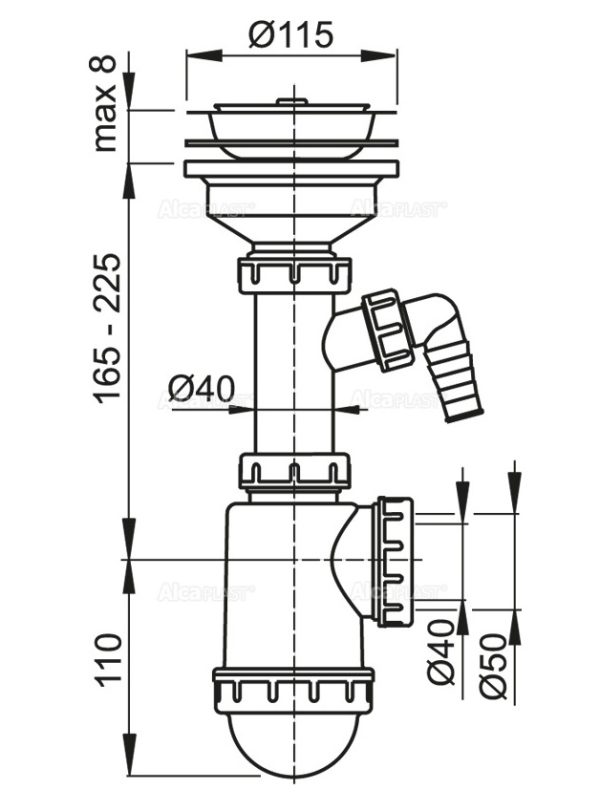 Сифон для мойки Alcadrain 50/40 мм, с нержавеющей peшeткой 115 мм и подводкой (A446P)