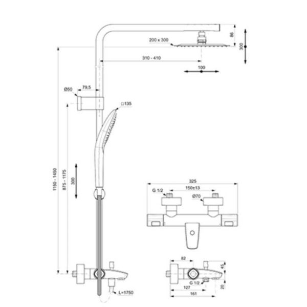 Душевая система Ideal Standard CERATHERM T100 телескопическая штанга,термостат, хром (A7591AA)