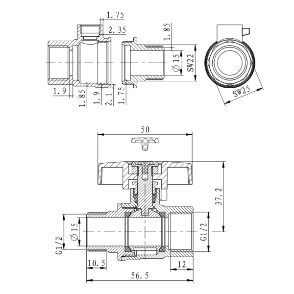 Кран шаровой резьб. 1/2", PN40, WAAG, латунь, вн.р.- нар.р., с бабочкой