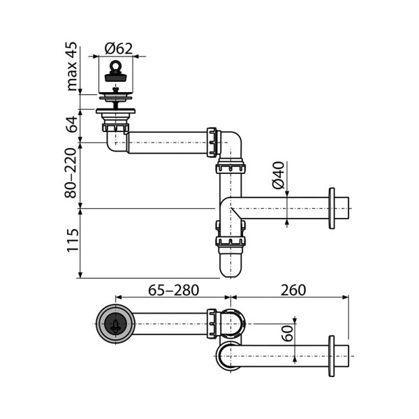 Cифон для раковины Alcadrain экономящий пространство Ø63 (AG210511100)