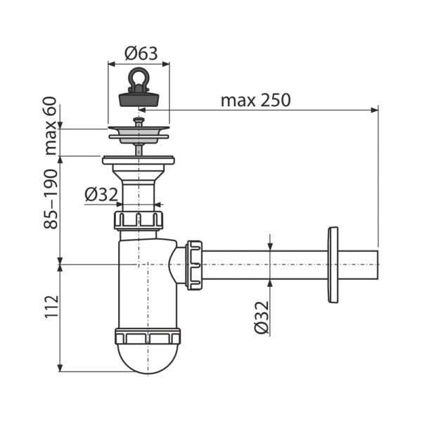 Сифон для раковины Alcadrain Ø32 с нержавеющей peшeткой Ø63 (AG210512432)