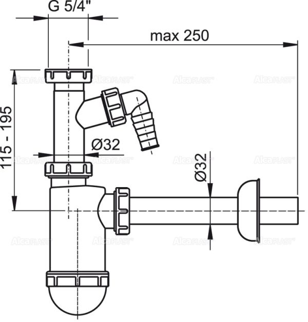 Сифон для раковины Alcadrain 32 мм, с подводкой и накидной гайкой 5/4" (A430P)