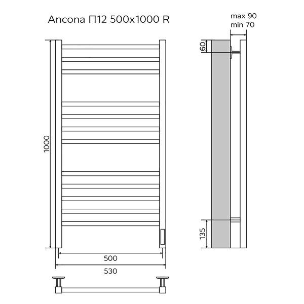 Полотенцесушитель электрический AZARIO ANCONA 500/1000 квадрат, 12 секций, диммер справа, белый AZ7