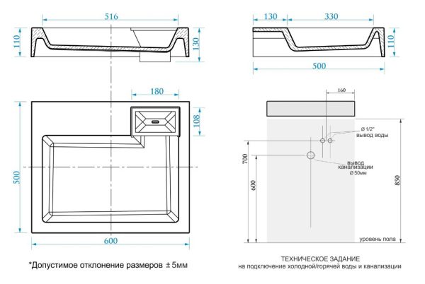 Раковина подвесная AZARIO Etna 600х500х110 литьевой мрамор, белая (CS00078303)