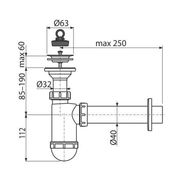 Сифон для раковины Alcadrain Ø40 с нержавеющей peшeткой Ø63 (AG210512140)