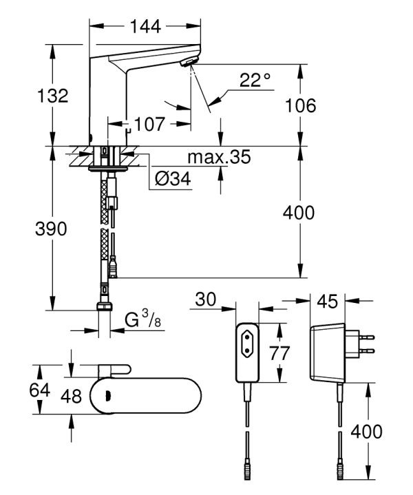 Смеситель для раковины Grohe Eurosmart E инфракрасный датчик (220 В), хром (36325001)