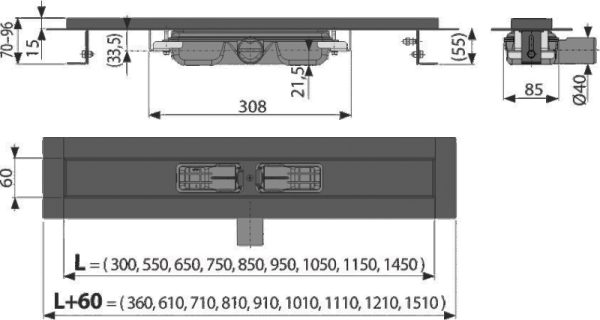 Водоотводящий желоб Alcaplast APZ1BLACK, с порогами для перфорированной решетки, черный матовый (APZ