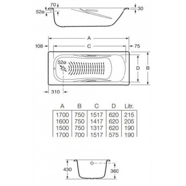 Ванна стальная Roca PRINCESS 150х75, противоскользящее покрытие