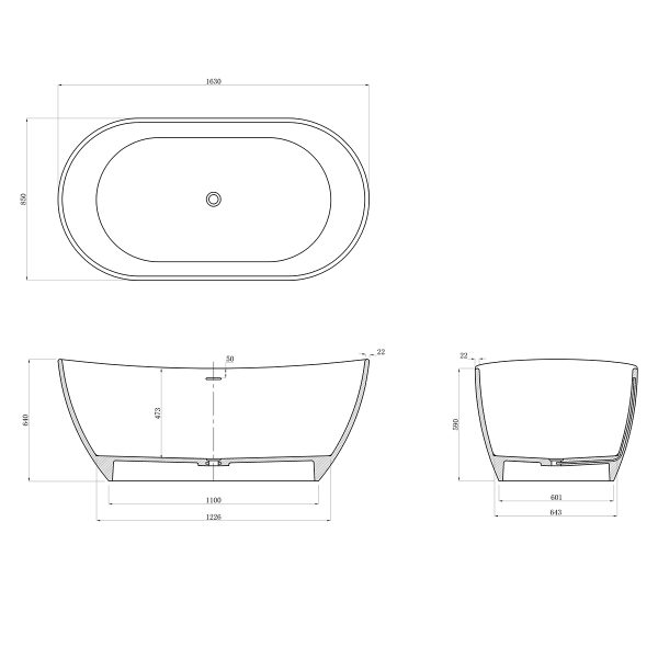 Ванна из искусственного камня Azario JENNER 1630x850x640 свободностоящая белая матовая, с белым мато