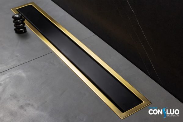 Душевой лоток Pestan Confluo Premium Gold Black Glass Line, 30*12 cм, черный/золото (13100094)