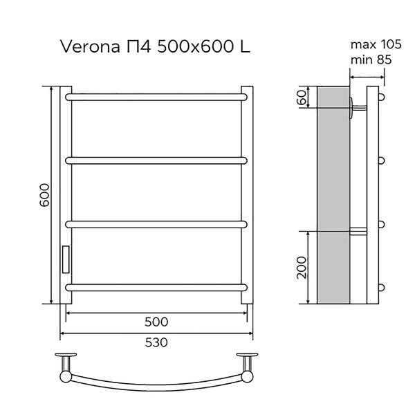 Полотенцесушитель электрический AZARIO VERONA 500/600 4 секции, диммер слева, белый (AZ04756W)