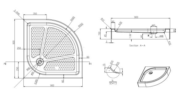 Душевой поддон Azario 900х900х150 R/L, для EDMONTON 2231 900/OTTAWA 2142 900/ONTARIO 2231 900