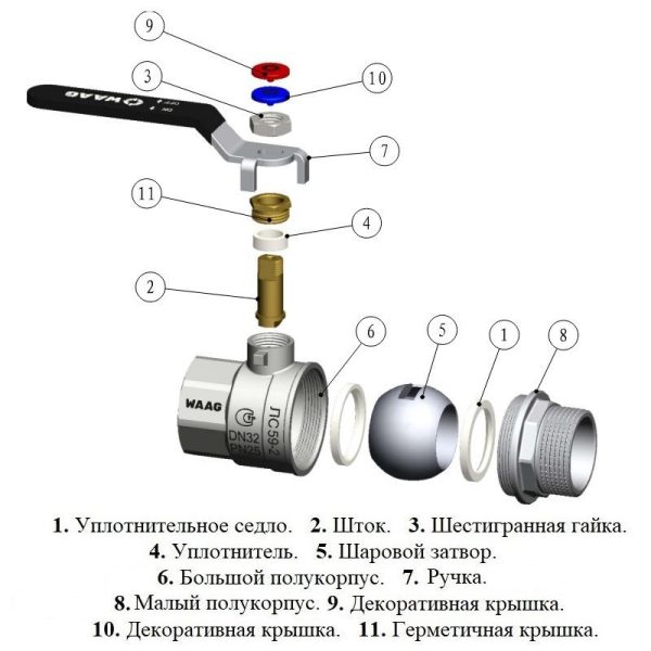 Кран шаровой резьб. 1 1/4", PN25, WAAG, латунь, вн.р.- нар.р., с рычагом